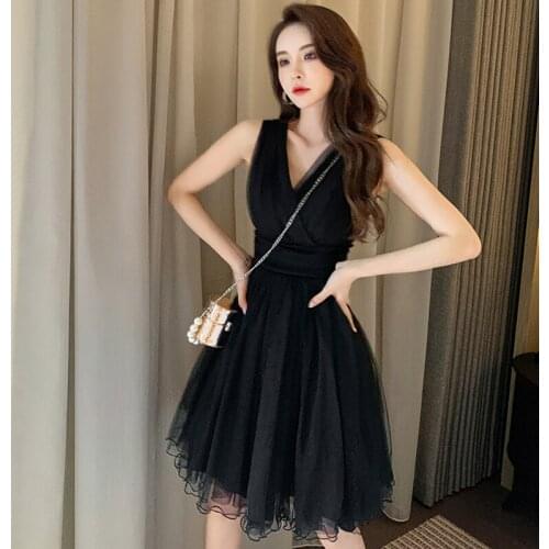 Korean Style Vintage Sleeveless V-Neck Midi Party Club Dress Ladies Elegant Coffee Break Casual Female Mesh Black Short Dress