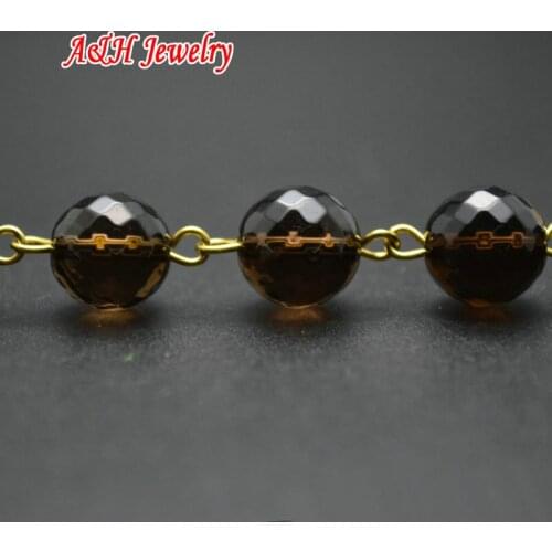 3Meters 10mm Faceted Smoky Crsytal Round Beads With Gold Wired Bead Chain Fashion Jewelry Making Materials #5S