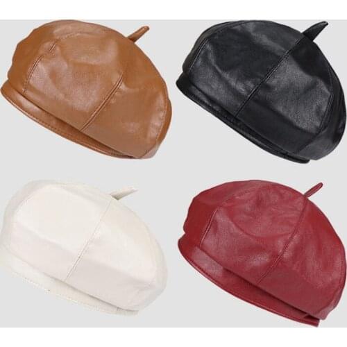 Retro PU Leather Berets Caps For Women Vintage Ladies Octagonal Autumn Winter Leather Hat Black Coffee Berets Artist Winter Hats