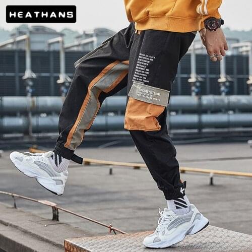Spring Autumn Mens Fashion Pants Hip Hop Color Contrast Male Street Trousers Cargo Pants Cotton Punk Drawstring Pencil Trousers