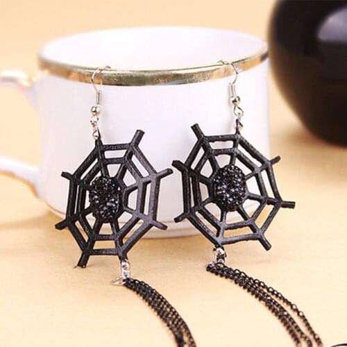 Long Earrings Black Leather Spider Web Chain Tassel Drop Earring Crystal Charm Statement Eardrop For Women Men Halloween Jewelry