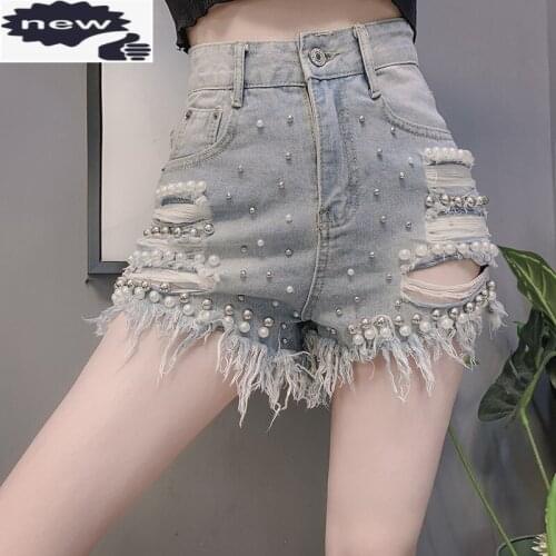 New Fashion Summer Tassels Hole Ripped Short Jeans Hot Sexy Mini Female Slim Fit High Waist Pearls Beads Denim Shorts