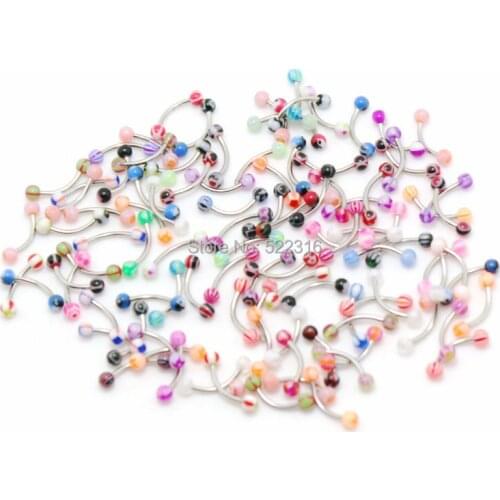 Curved eyebrow rings mix colors 100pcs body piercing jewelry stainless steel barbell acrylic 3mm ball flower fire heart star