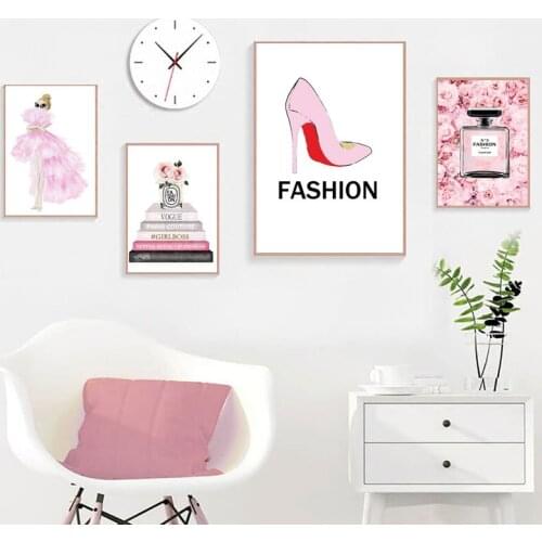 Pink Dress Art Painting Book Magazine Pictures Fashion Perfume Wall Art Poster High-heeled Canvas Print Modern Living Room Decor
