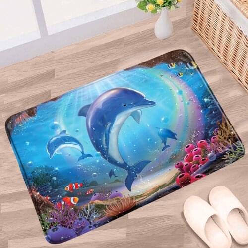 Doormat Ocean Animal Bathroom Mat Fish Dolphin Whale Underwater World Scenery Anti-Slip Rug Flannel Bath Kitchen Entrance Carpet