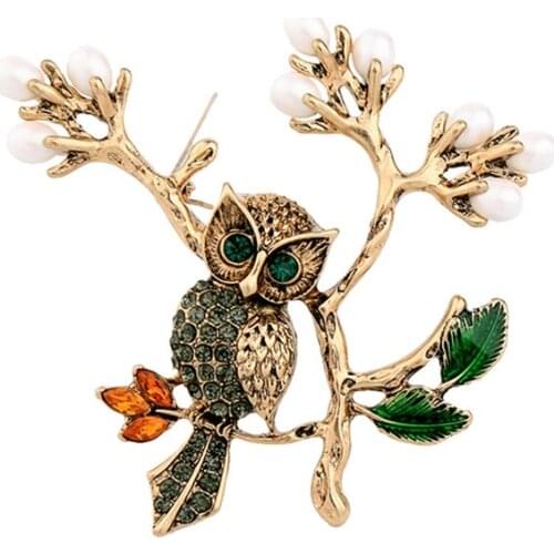 Fashion Jewelry Retro Alloy Pearl Crystal Cute Owl Exaggerated Lady Brooch