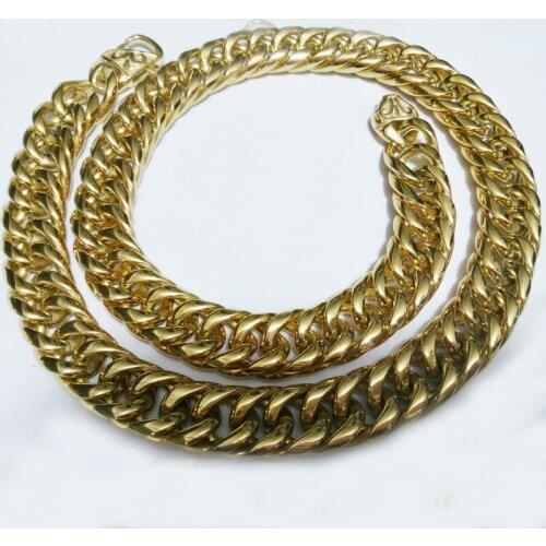 Mens Rock Roll Heavy High Quality Gold Tone Stainless Steel Wide Curb Chain Necklace 16mm 18in-40in