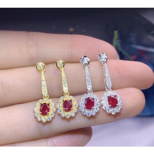 New style red natural ruby gemstone stud earrings for women with silver jewelry