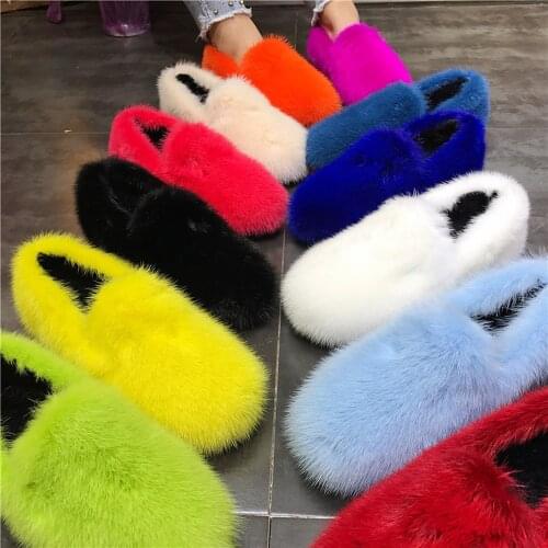 OLOMLB Womens Round Toe Real Mink Fur Furry Rhinestones Loafers Flats Warm Winter Shoes Snow Boots Thick 12Colors New 2020