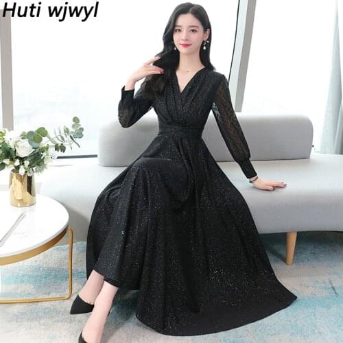 2021 Autumn Winter Vintage Black Sequin Midi Dress Plus Size Casual Evening Robe Dress Women Elegant Bodycon Party Maxi Vestidos