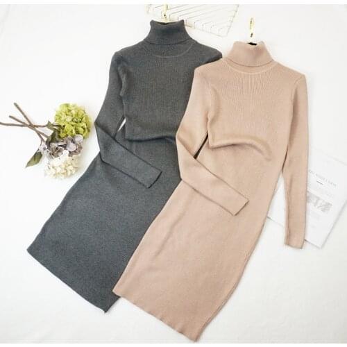 Autumn Winter Women Turtleneck Sweater Dress Thick Warm Mid-Calf Long Sleeves Female Dresses Slim Rib Knitted dresses