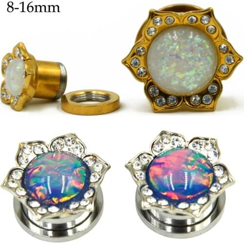 PAIR Gold Anoidzed Gemed Mandala Flower Synthetic Opal Screw Fit Ear Flesh Tunnel Pericng Hollow Plug Expander Stretchers 8-16mm