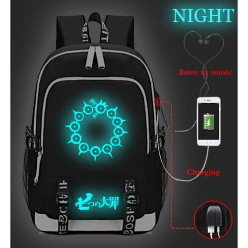 2019 New The Seven Deadly Sins Luminous USB Charge Backpack Men Women Boys Girls School Bag Fashion USB Charging