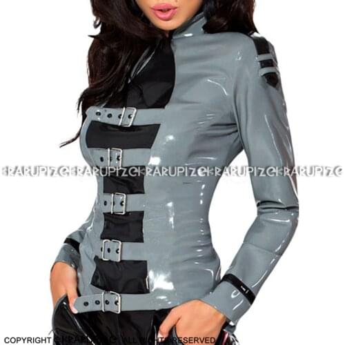 Gray And Black Sexy Latex Jacket With Buckles Zipper At Back High Collar Rubber Coat YF-0197