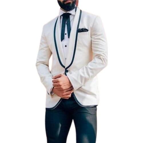 2 Piece Groom Tuxedo for Wedding Prom Slim Fit Man Suits Ivory Jacket with Navy Blue Pants New Male Fashion Costume 2020