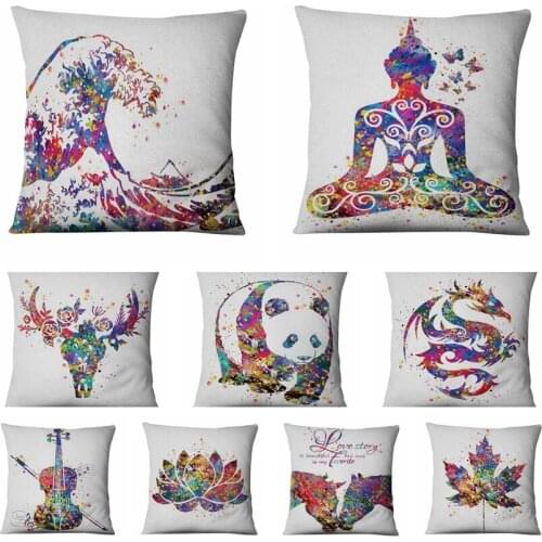 Yoga Art Painting Thin Linen Cushion Decorative Pillow Watercolor Zen Pillowcase Home Decor Sofa Throw Pillow Almofadas 45*45cm