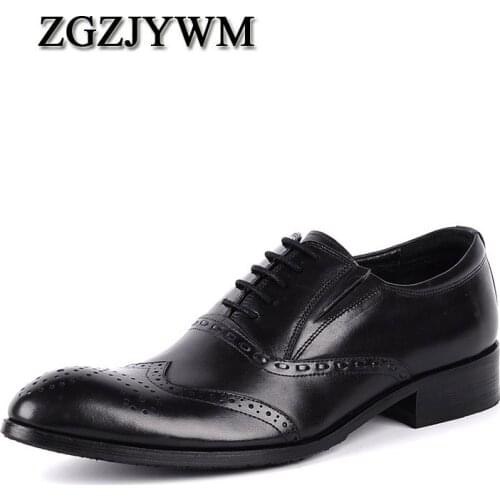 ZGZJYWM New Fashion Comfortable Black/Brown Genuine Leather Lace-Up Pointed Toe Flat Man Casual Classic Formal Dress Shoes