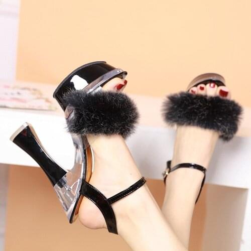 2019 Fur Woman Sandals Square Heel Open Toe High Heels 14cm Platform Sandals Shoes Woman Gladiator Party Dress Women Shoes Red