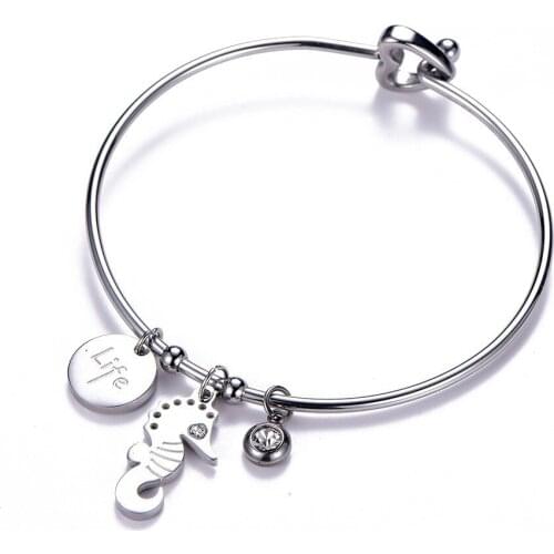 Crystal Seahorse Round Pendant Bracelet Bangle For Women Love Heat Buckle Stainless Steel Bangle Jewelry Girls Gift Pulseiras