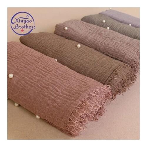 Ladies Fashion Bubble Cotton Beads Wrinkle Scarf Shawl Plain Crumple Pearl Wrap Foulard Pashmina Muslim Headband Hijab 190*100Cm