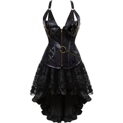 Women Gothic Steampunk Corset Dress Pirate Costume PU Leather Corset Bustier Lingerie Top With Asymmetric Floral Lace Skirt Set