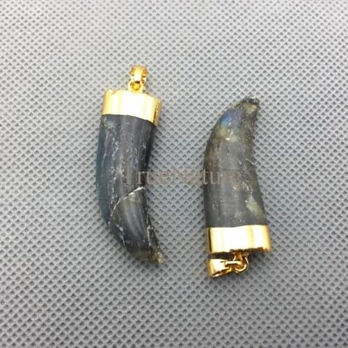 Hot Sale Labradorite Horn Necklace Pendant Gold Electroplated Long Horn Findings Jewelry In 40*15 mm PM4345