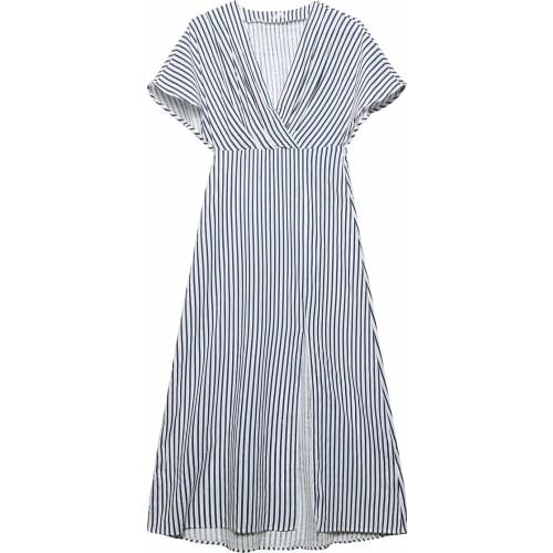 New Women Vogue Striped Side Slit Midi Dress Short Sleeves V-Neck Vintage Female Dresses Woman Robe