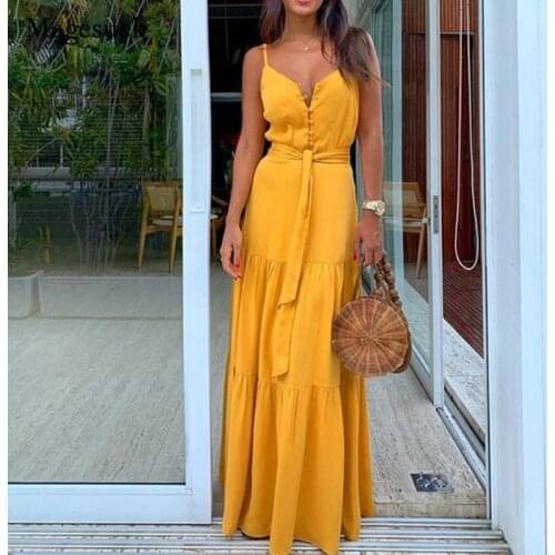 Pop Solid Color Button V-neck Sling Sleeveless Dress 2021 Summer New Long Dress Women Beach Dress with Belt Femme Robe 12855