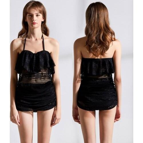 Womens Hollow Out Mesh Lace Beach Dress Loose Two Piece Swimwear Padded Top with High Waist Bottom Cover Swimdress Black