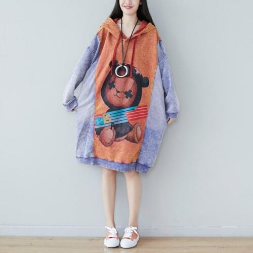 Women Hooded Cartoon Printed Loose Dress Ladies Patchwork Print Contrast Color Plus Size Hooded Dress Female 2019 Dresses