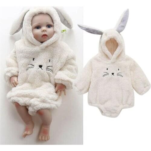 0-24 Months Newborn Winter Clothes Baby Girl Warm Fuzzy Cartoon Cat Hooded Baby Rompers Baby Boys Jumpsuit White Hoodies Outfits