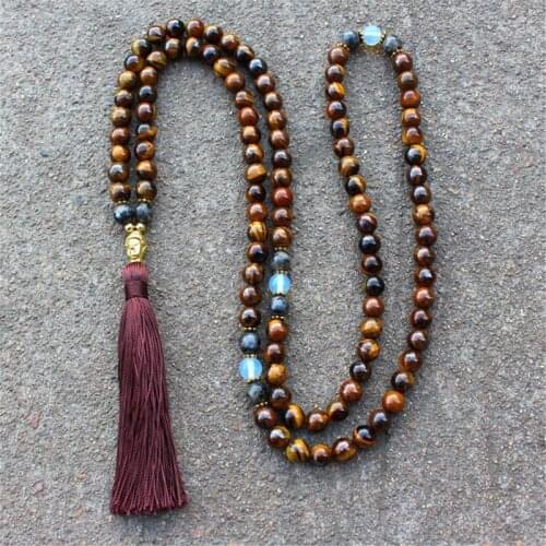 108 Mala Beads Tigers Eye Necklaces Buddha Tassels Women Men Healing Natural Stone Yoga Prayer Energy Necklace