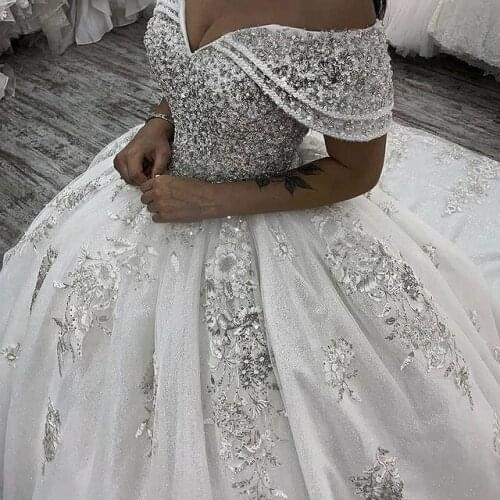 2021 Arabic Plus Size Luxurious Beaded Lace Wedding Dresses Off The Shoulder Ball Gown Bridal Dress Vintage Wedding Gowns