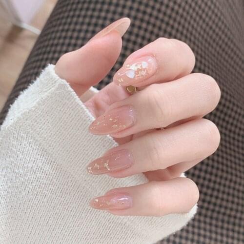 24pcs Gentle Nude Color Gradient Natural Paillette Decor Fake Nails Temperament Elegant Wearable Detachable Fingernail T