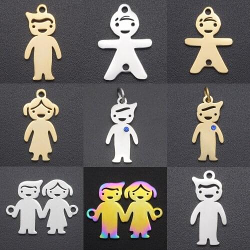 5pcs/lot 100% Stainless Steel Heart Boy Girl Family Charm Pendant Wholesale Son Daughter Charms for DIY Jewelry Making