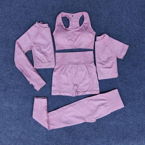 5pcs Women Workout Seamless Yoga Set Fitness Short Sleeve Long Crop Top Shirts Running Leggings Gym Clothes Sports Bras Set