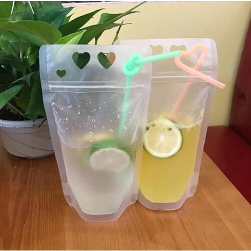500ml Plastic Frosted Drink Packaging Bag Pouch for Beverage Juice Milk Coffee with Handle and Holes for Straw SN2975