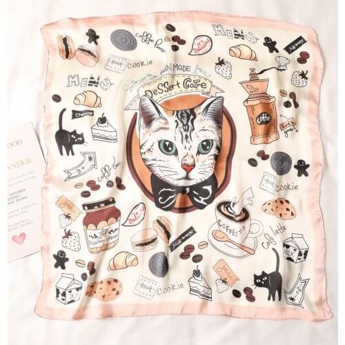 70cm*70cm Silk Square Scarf Women Cartoon cat Bag Print Foulard Big Hijab Bandana Lady Neckerchief High Quality Silk Scarf FJ095