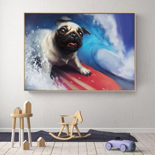 AAHH Large Size Surfing Dog Canvas Painting Art Poster Modern Animal Picture Art Wall for Living Room