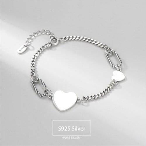 Real S925 Sterling Silver Smooth Surface Heart Bracelet for Women Fashion Charm Bracelets Jewelry Silver Accessories