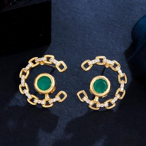 CWWZircons Chic Green Cubic Zirconia Pave Geometric Half Round Big Stud Earrings for Women Trendy Brazilian Gold Jewelry CZ956