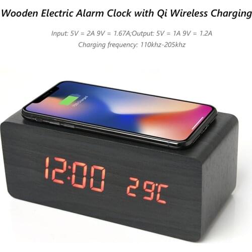 Wooden Electric Alarm Clock with Wireless Charging Pad LED Digital Charger for Bedroom Digital Home Decoration