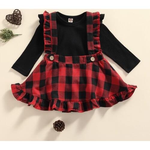 FOCUSNORM Xmas 2pcs Infant Baby Girls Clothes Sets Long Sleeve Solid Romper Plaid Printed Suspender Dress 0-18M