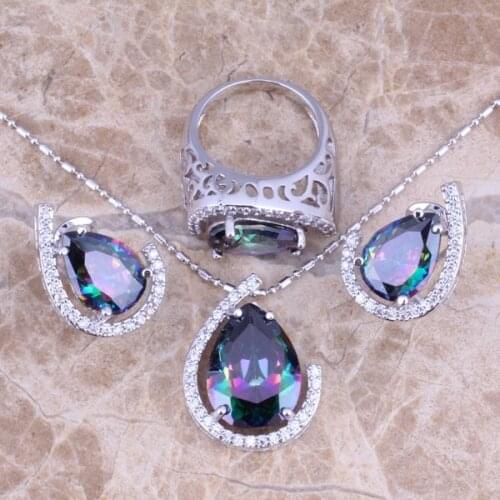 Glamorous Rainbow Mystic White CZ Silver Plated Jewelry Sets Earrings Pendant Ring Size 6 / 7 / 8 / 9 / 10 S0464