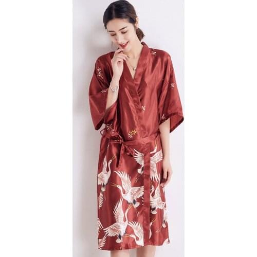 Crane Print Single Medium Sleeve Robe Large Size Loose-Fitting Bathrobe Home Dress Imitation Silk Bridesmaid Dress Lingerie