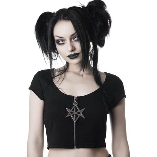 Dark Punk Cardigan Simple Women T-Shirt Harajuku Vintage Ins Navel Slim Streetwear Fashion Casual All-Match Clothing For Female