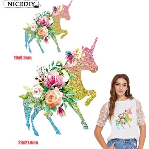 Nicediy Flower Unicorn Iron On Transfers Patches For Clothes Vinyl Heat Transfer Patch Thermal Applique T-shirt Badge Washable