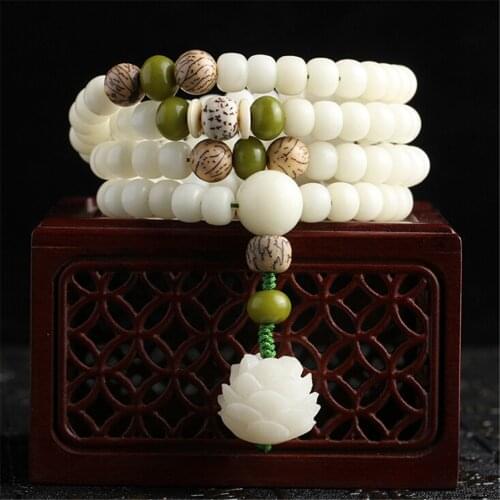 Original Design Natural White Bodhi Root Beads Bracelet 108 Lotus Mala for Women Yoga Meditation Balancing Jewelry Gift Her