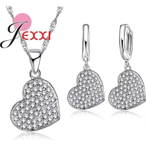 Lovely Genuine 925 Sterling Silver Full Crystal Heart Necklace Earrings Women Bridal Wedding Party Jewelry Sets Brincos