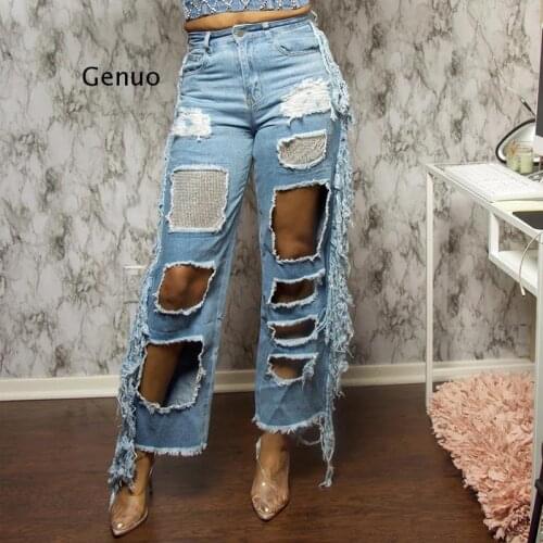 High Waist Straight Baggy Jeans Pant for Women Streetwear Loose Lady Sexy Tassel Ripped Hole Denim Jeans Boyfriend Jeans